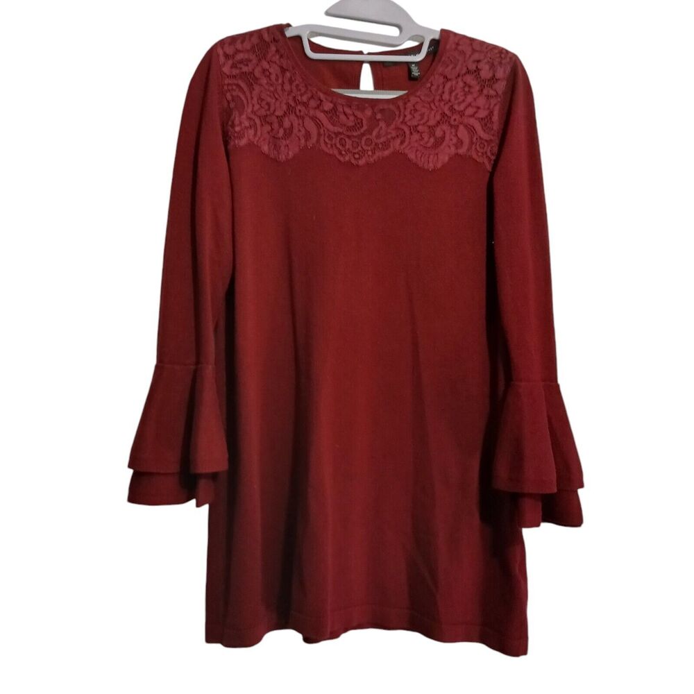 WHBM Blouse Women M Maroon Bell Long Sleeve Lace Overlay